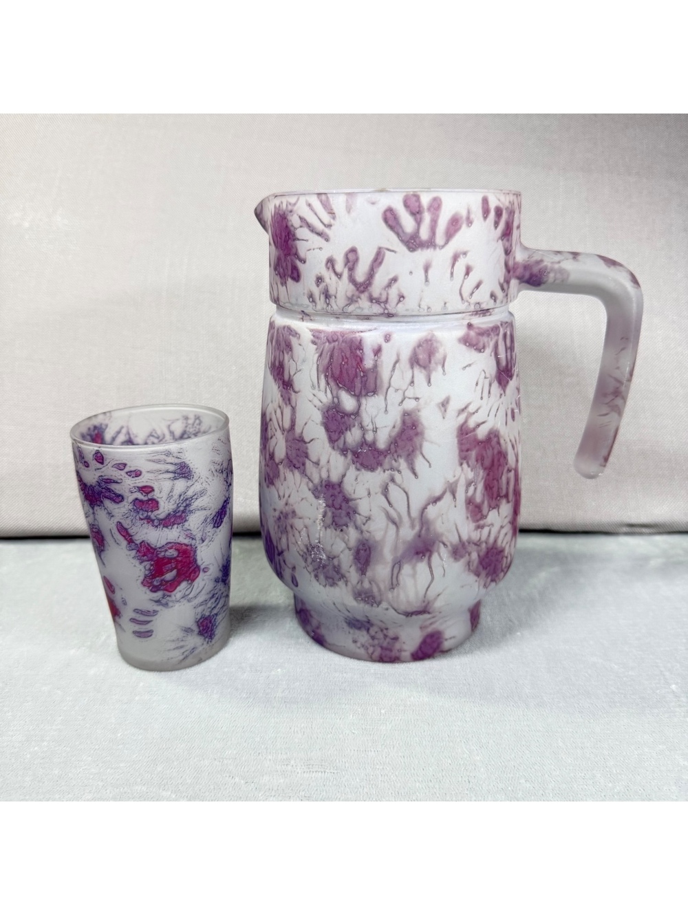 Vintage 1980s Purple Drip Splatter Glass Pitcher & Tumbler Set Rueven Style